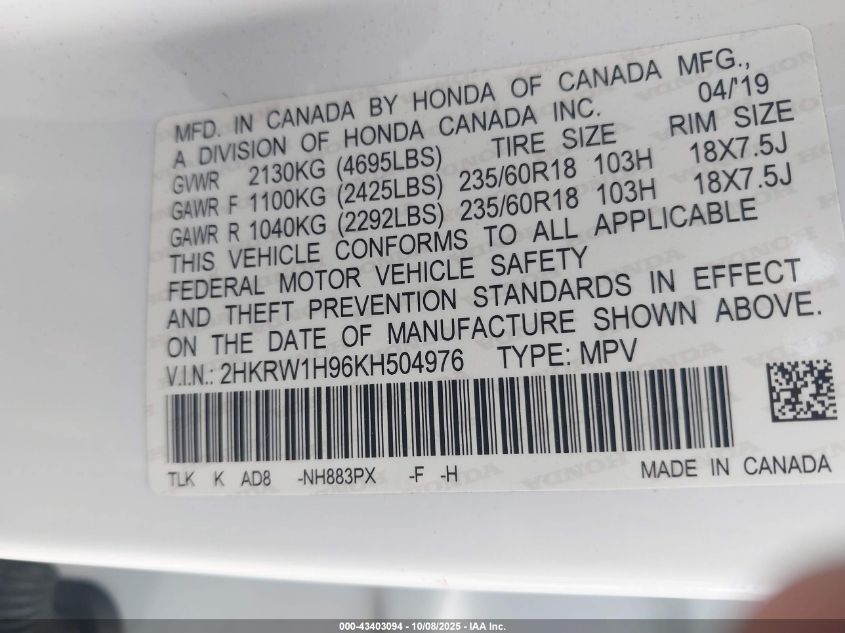 2019 Honda Cr-V Touring VIN: 2HKRW1H96KH504976 Lot: 43403094