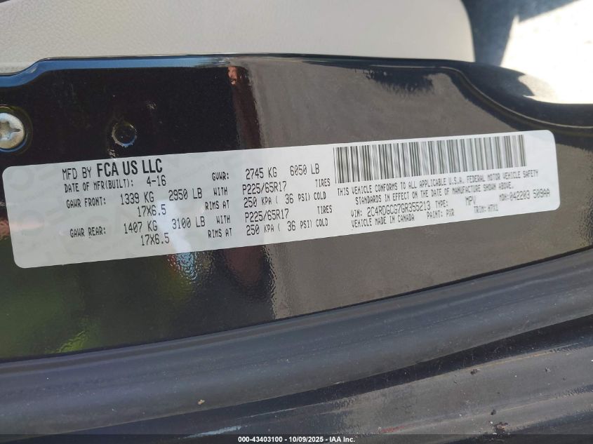 2016 Dodge Grand Caravan Sxt VIN: 2C4RDGCG7GR355213 Lot: 43403100