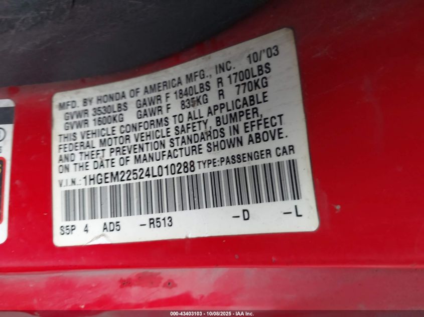 2004 Honda Civic Lx VIN: 1HGEM22524L010288 Lot: 43403103