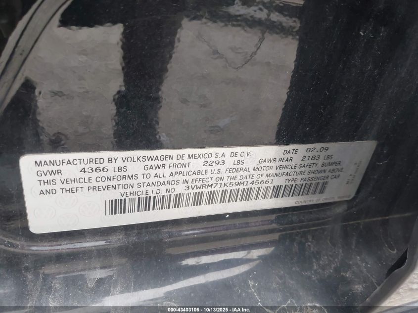 2009 Volkswagen Jetta Se VIN: 3VWRM71K59M145661 Lot: 43403106