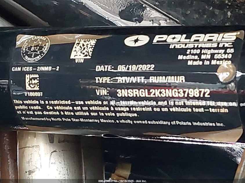 2022 Polaris Rzr Pro R Ultimate Launch Edition VIN: 3NSRGL2K3NG379872 Lot: 43403112
