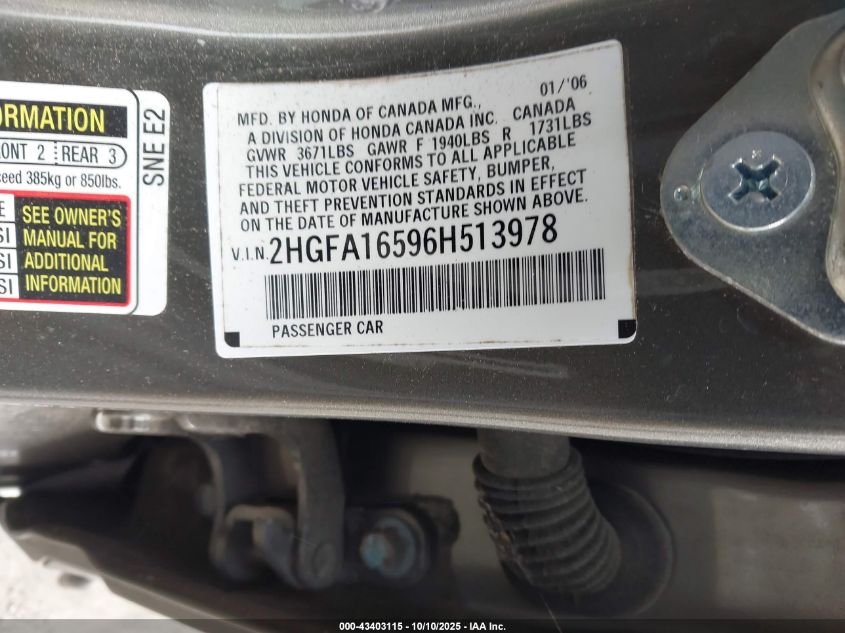 2006 Honda Civic Lx VIN: 2HGFA16596H513978 Lot: 43403115