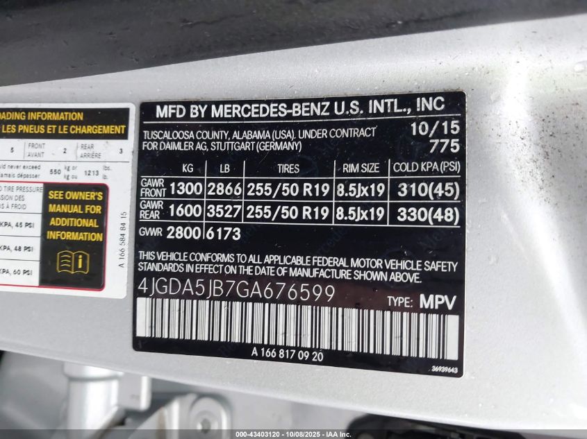 2016 Mercedes-Benz Gle 350 VIN: 4JGDA5JB7GA676599 Lot: 43403120