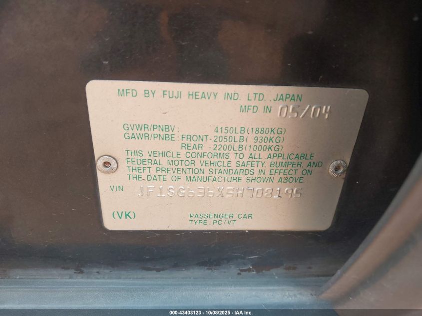 2005 Subaru Forester 2.5X VIN: JF1SG636X5H708195 Lot: 43403123