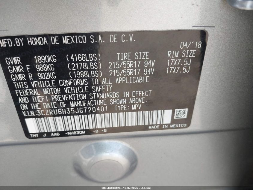 2018 Honda Hr-V Lx VIN: 3CZRU6H35JG720401 Lot: 43403128