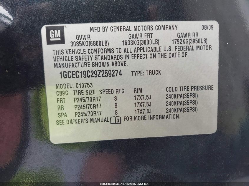 2009 Chevy Silverado Se VIN: 1GCEC19C29Z259274 Lot: 43403158
