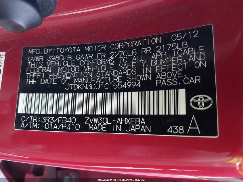 2012 Toyota Prius Two VIN: JTDKN3DU1C1554994 Lot: 43403163