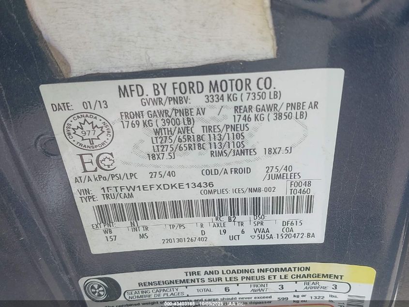 2013 Ford F-150 Xlt VIN: 1FTFW1EFXDKE13436 Lot: 43403165