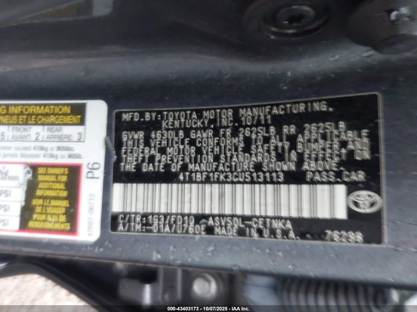 2012 Toyota Camry Le VIN: 4T1BF1FK3CU513113 Lot: 43403173