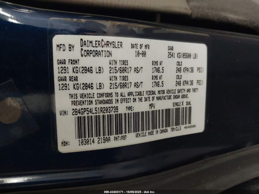 2001 Dodge Grand Caravan Es VIN: 2B4GP54L51R203739 Lot: 43403171