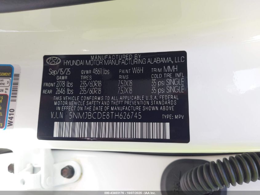 2026 Hyundai Tucson Sel VIN: 5NMJBCDE8TH626745 Lot: 43403176