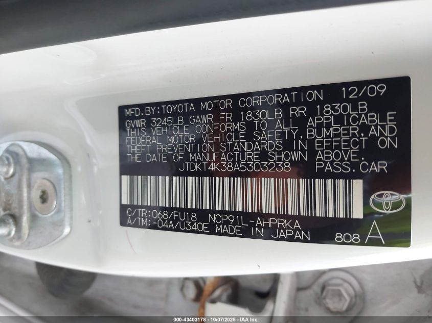 2010 Toyota Yaris VIN: JTDKT4K38A5303238 Lot: 43403178