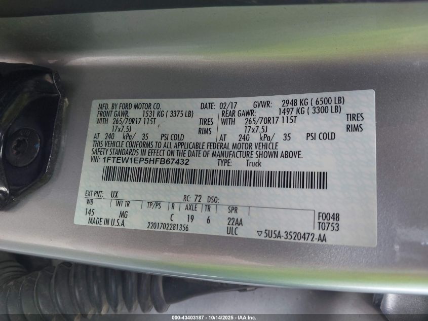 2017 Ford F-150 Xlt VIN: 1FTEW1EP5HFB67432 Lot: 43403187