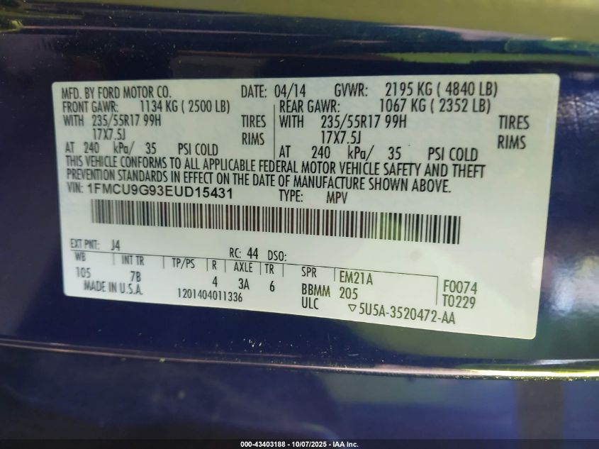 2014 Ford Escape Se VIN: 1FMCU9G93EUD15431 Lot: 43403188