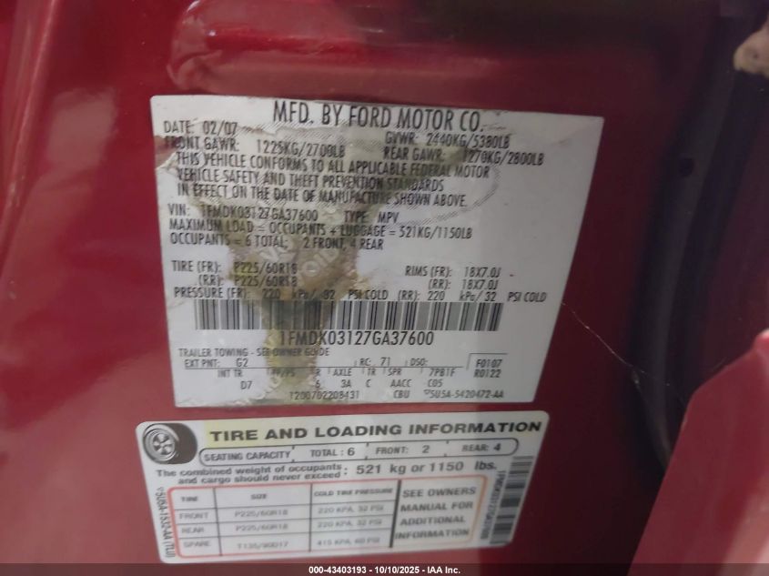 2007 Ford Freestyle Limited VIN: 1FMDK03127GA37600 Lot: 43403193