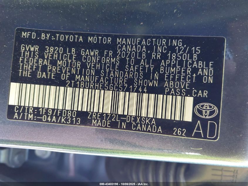 2016 Toyota Corolla S Plus VIN: 2T1BURHE5GC571744 Lot: 43403198