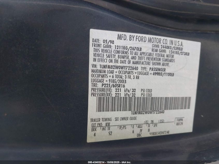 1998 Lincoln Town Car Signature VIN: 1LNFM82W0WY722640 Lot: 43403214
