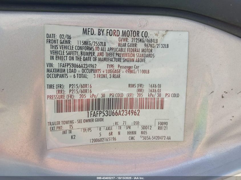 2006 Ford Taurus Se VIN: 1FAFP53U66A234962 Lot: 43403217