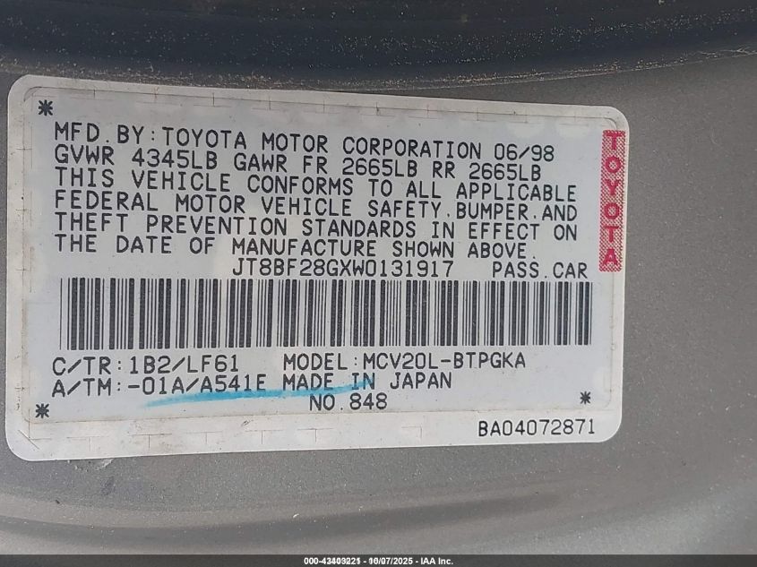 1998 Lexus Es 300 VIN: JT8BF28GXW0131917 Lot: 43403221