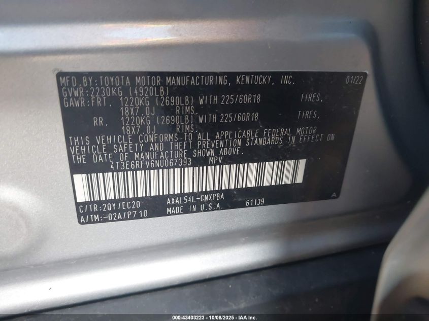 2022 Toyota Rav4 Hybrid Xse VIN: 4T3E6RFV6NU067393 Lot: 43403223