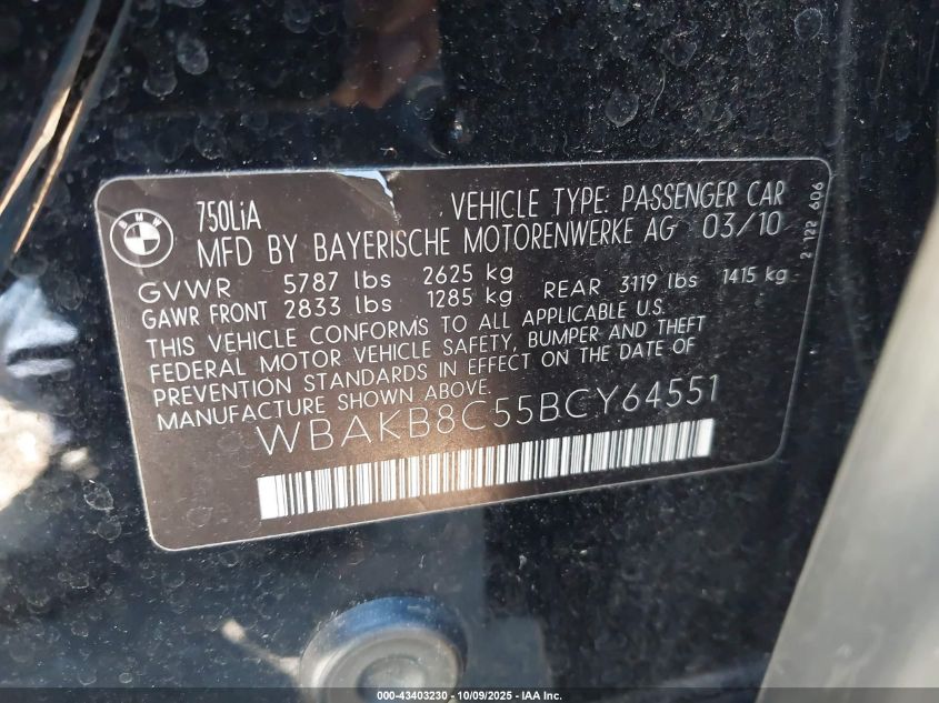 2011 BMW 750Li VIN: WBAKB8C55BCY64551 Lot: 43403230