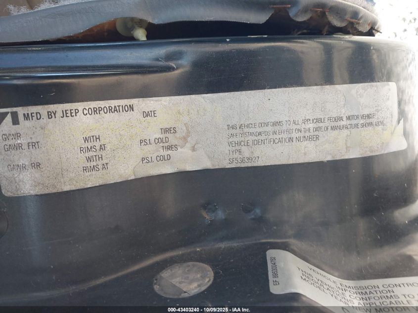 1988 Jeep Cherokee Laredo VIN: 1JCMT784XJT144355 Lot: 43403240