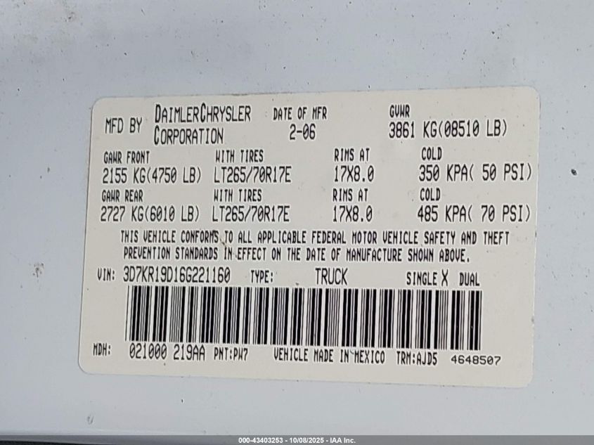 2006 Dodge Ram 1500 Slt VIN: 3D7KR19D16G221160 Lot: 43403253