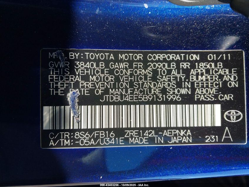 2011 Toyota Corolla Le VIN: JTDBU4EE5B9131996 Lot: 43403256
