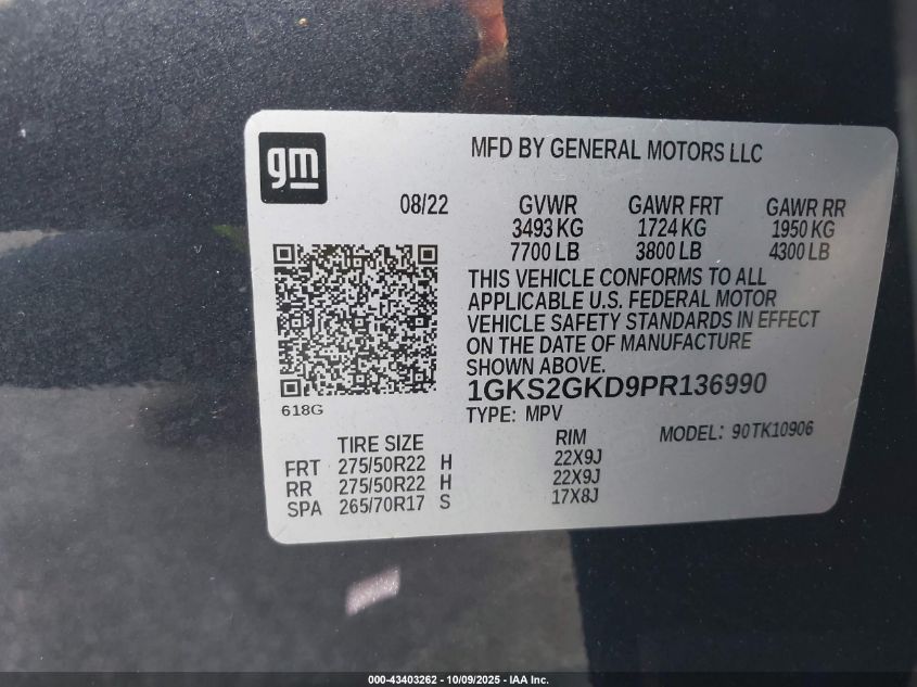 2023 GMC Yukon Xl 4Wd Slt VIN: 1GKS2GKD9PR136990 Lot: 43403262