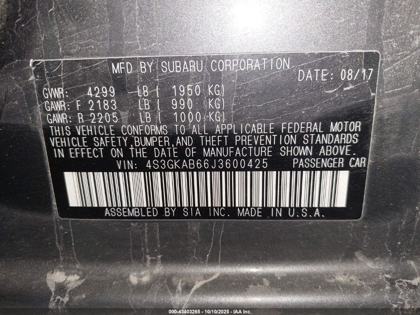 2018 Subaru Impreza 2.0I Premium VIN: 4S3GKAB66J3600425 Lot: 43403265