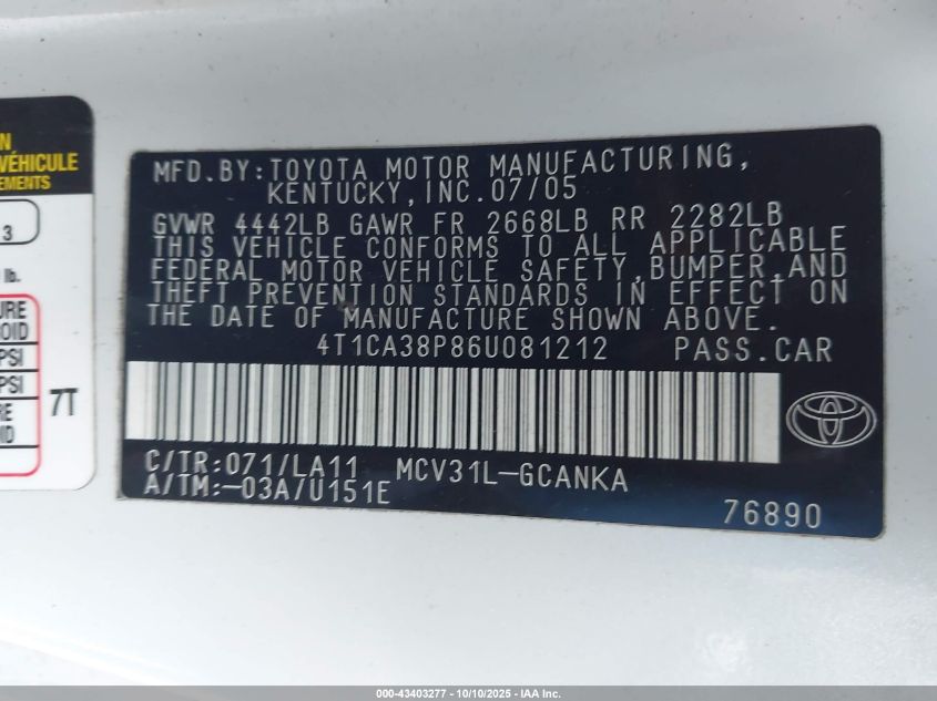 2006 Toyota Camry Solara Se Sport V6 VIN: 4T1CA38P86U081212 Lot: 43403277