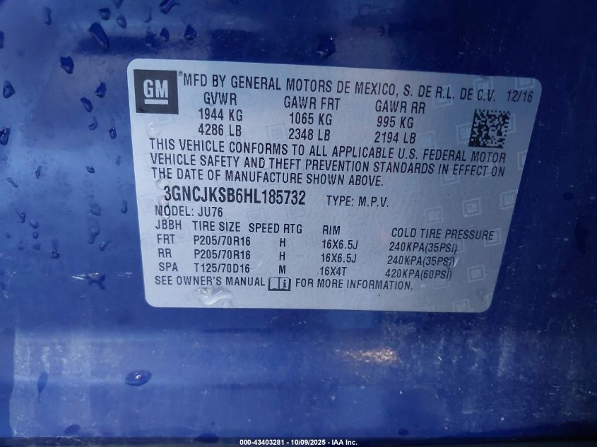 2017 Chevrolet Trax Ls VIN: 3GNCJKSB6HL185732 Lot: 43403281