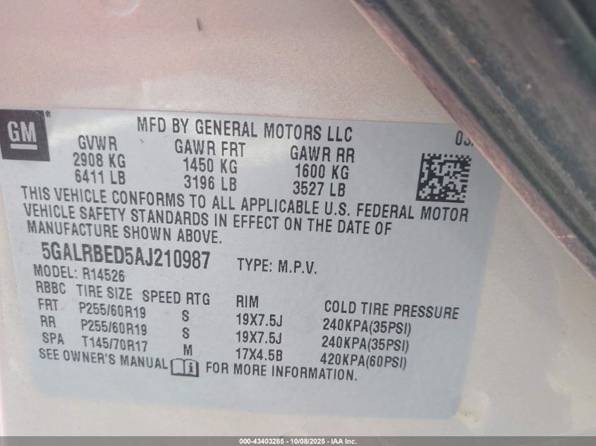 2010 Buick Enclave 1Xl VIN: 5GALRBED5AJ210987 Lot: 43403285