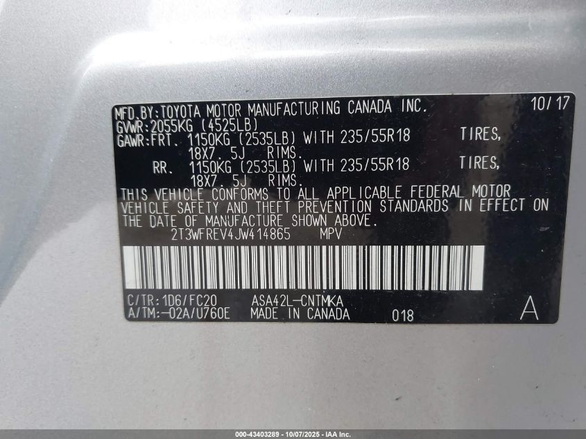 2018 Toyota Rav4 Adventure VIN: 2T3WFREV4JW414865 Lot: 43403289