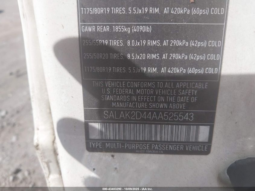 2010 Land Rover Lr4 VIN: SALAK2D44AA525543 Lot: 43403290