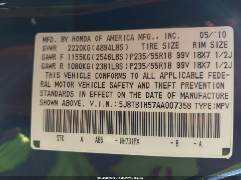 2010 Acura Rdx VIN: 5J8TB1H57AA007358 Lot: 43403303