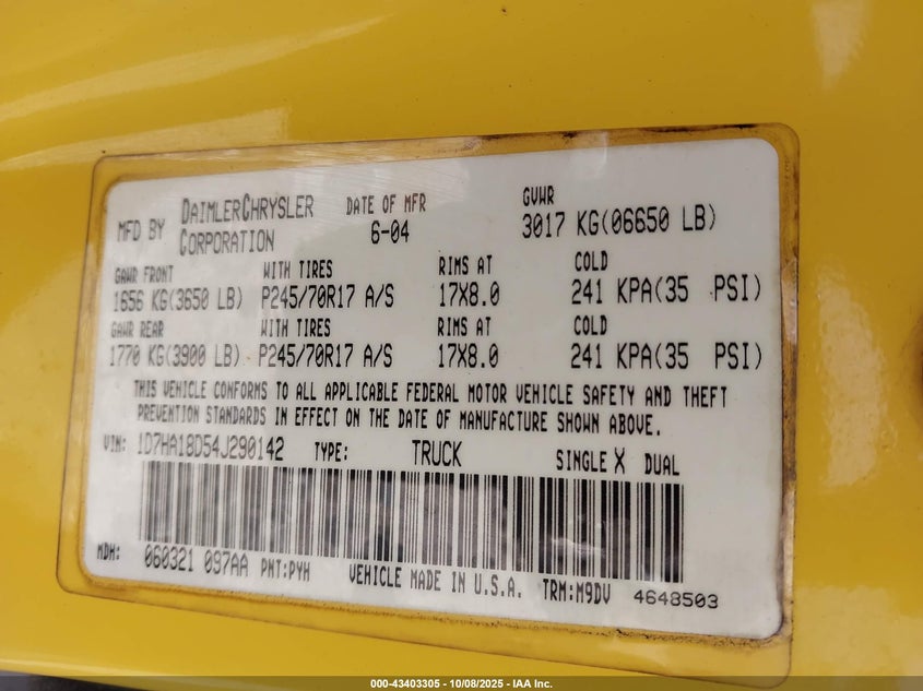 2004 Dodge Ram 1500 Slt/Laramie VIN: 1D7HA18D54J290142 Lot: 43403305