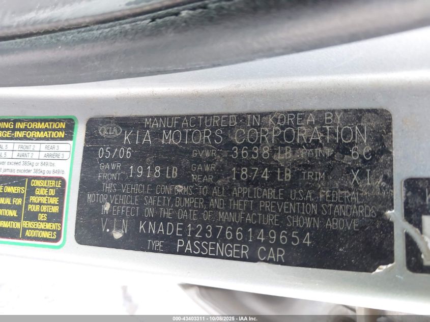 2006 Kia Rio Lx VIN: KNADE123766149654 Lot: 43403311