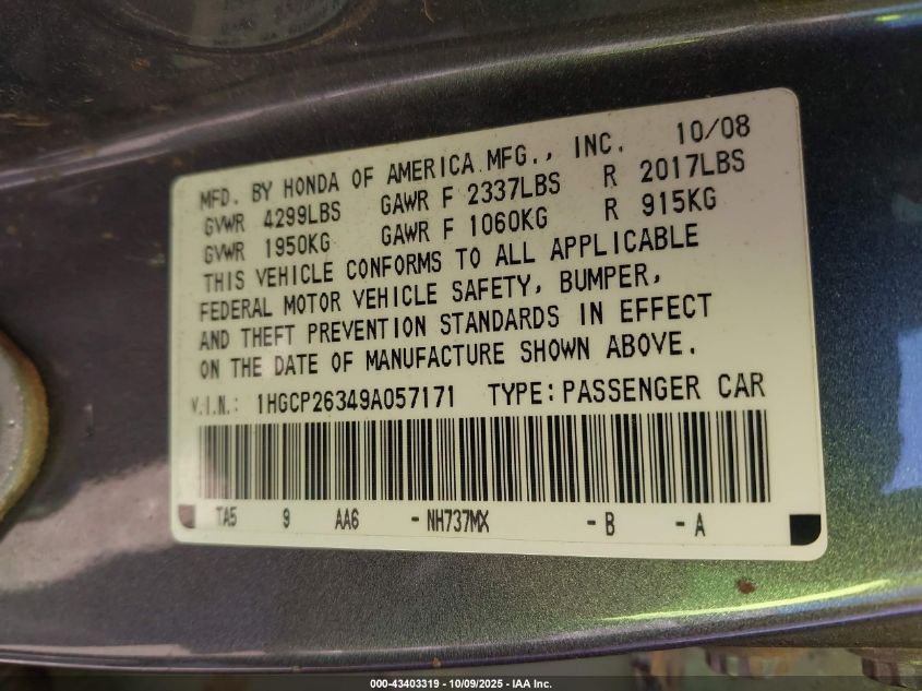 2009 Honda Accord 2.4 Lx VIN: 1HGCP26349A057171 Lot: 43403319