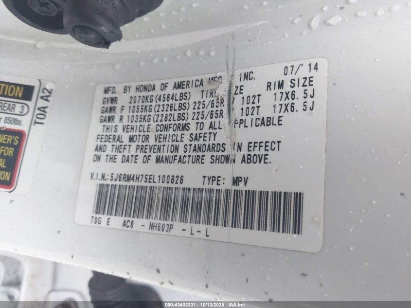 2014 Honda Cr-V Ex-L VIN: 5J6RM4H75EL100826 Lot: 43403331