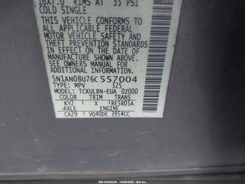 2006 Nissan Xterra S VIN: 5N1AN08U76C557004 Lot: 43403339