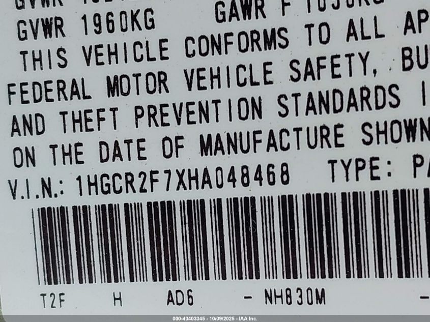 2017 Honda Accord Ex VIN: 1HGCR2F7XHA048468 Lot: 43403345