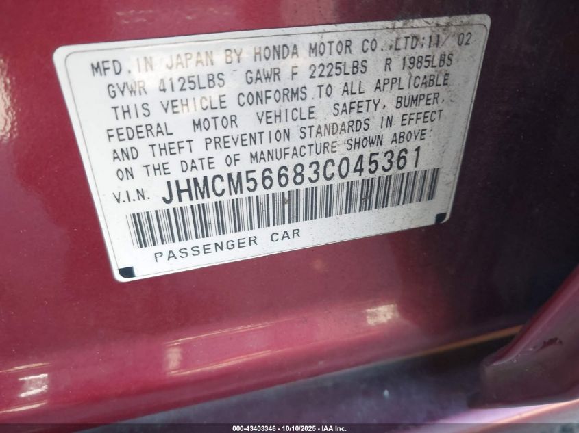2003 Honda Accord 2.4 Ex VIN: JHMCM56683C045361 Lot: 43403346