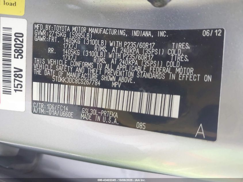 2012 Toyota Sienna Le V6 8 Passenger VIN: 5TDKK3DC8CS267784 Lot: 43403349