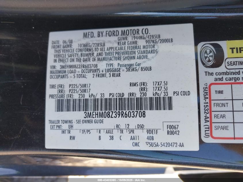 2009 Mercury Milan I4 Premier VIN: 3MEHM08Z39R603708 Lot: 43403365