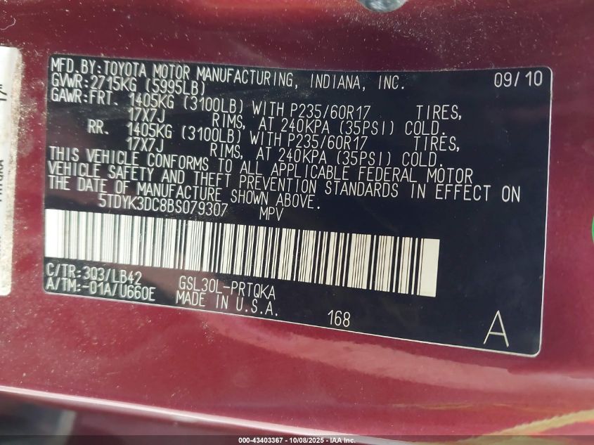 2011 Toyota Sienna Xle V6 VIN: 5TDYK3DC8BS079307 Lot: 43403367