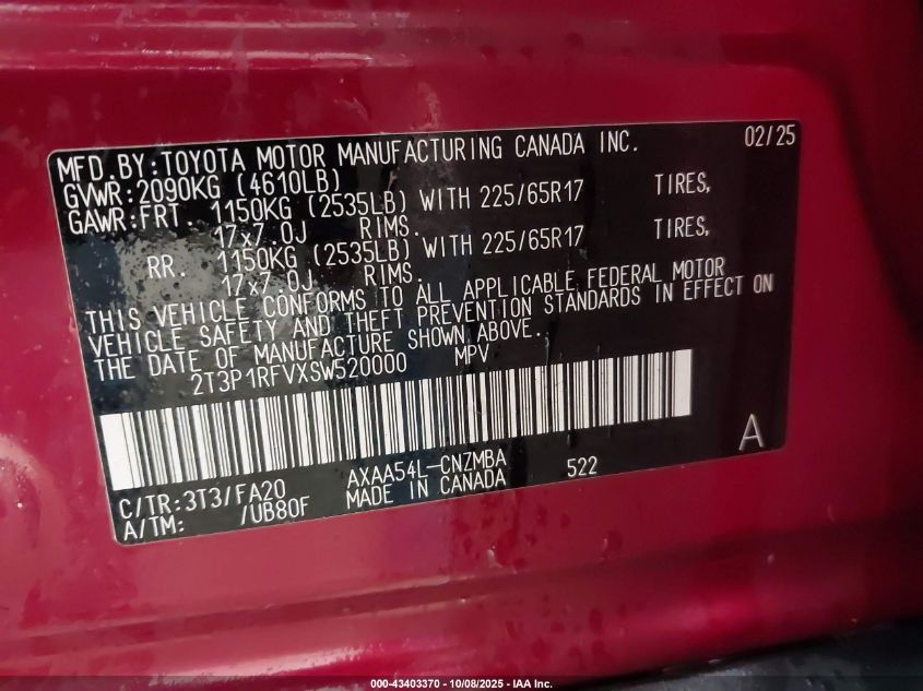 2025 Toyota Rav4 Xle VIN: 2T3P1RFVXSW520000 Lot: 43403370