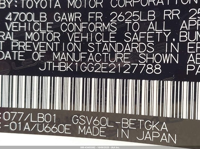 2014 Lexus Es 350 VIN: JTHBK1GG2E2127788 Lot: 43403382