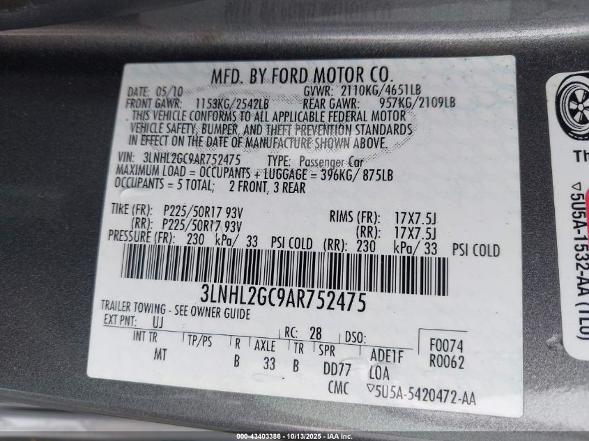 2010 Lincoln Mkz VIN: 3LNHL2GC9AR752475 Lot: 43403386