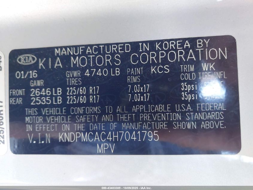 2017 Kia Sportage Lx VIN: KNDPMCAC4H7041795 Lot: 43403389